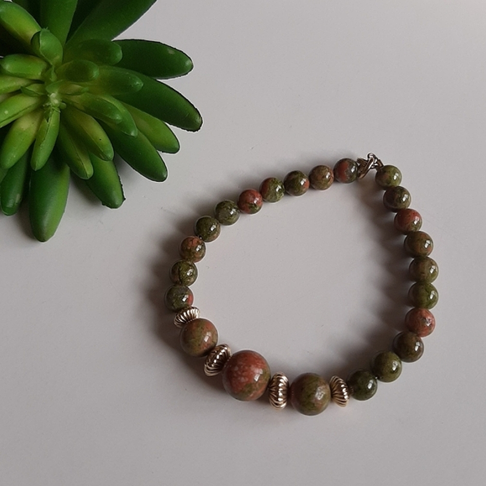 Unakite Jasper Tumbled Crystal Round  Beaded Bracelet